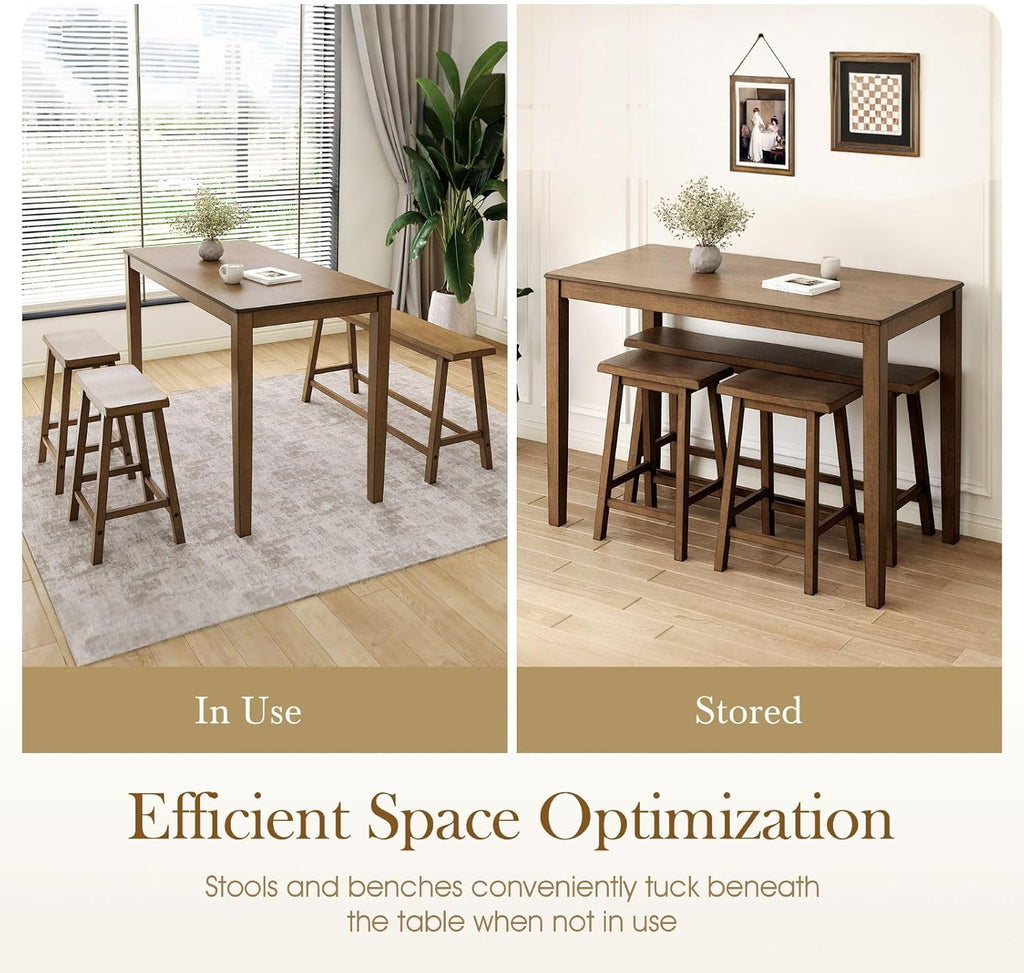 Sophia & William Dining Table Set for 4, Counter Height Table and Chairs, Kitchen Table Set with Bench and 2 Chairs, Small Breakfast Bar Dining Set, Rustic Caramel