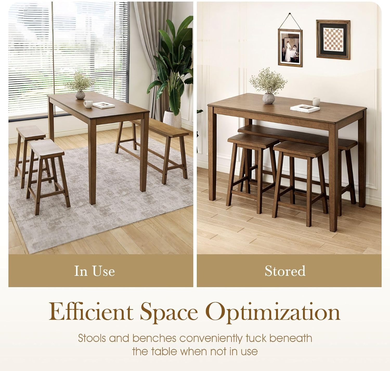 Sophia & William Dining Table Set for 4, Counter Height Table and Chairs, Kitchen Table Set with Bench and 2 Chairs, Small Breakfast Bar Dining Set, Rustic Caramel