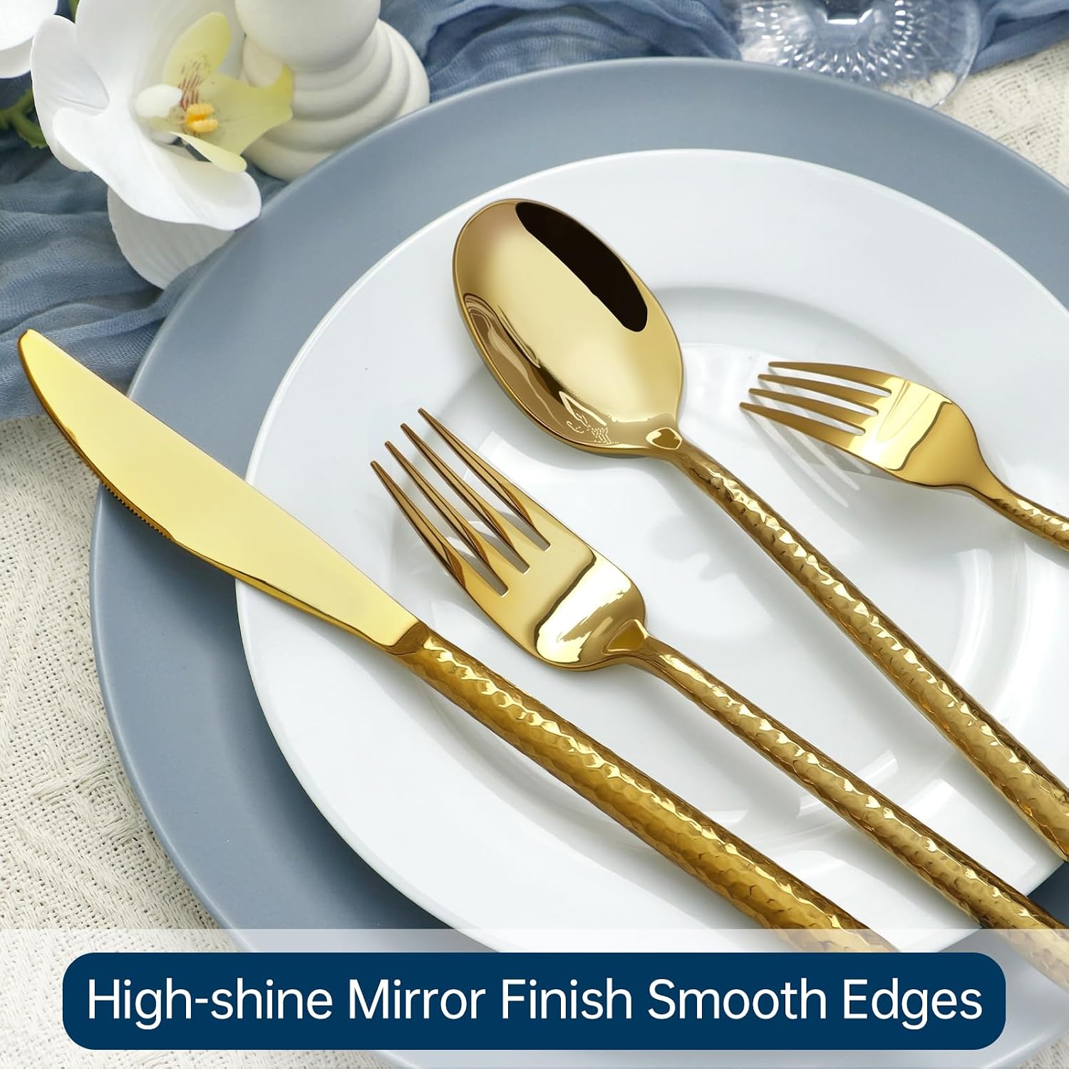 Gold Silverware 18/10 Stainless Steel 40-Piece Mirror Polsihing Flatware Round Hammered Cutlery Set Service for 8