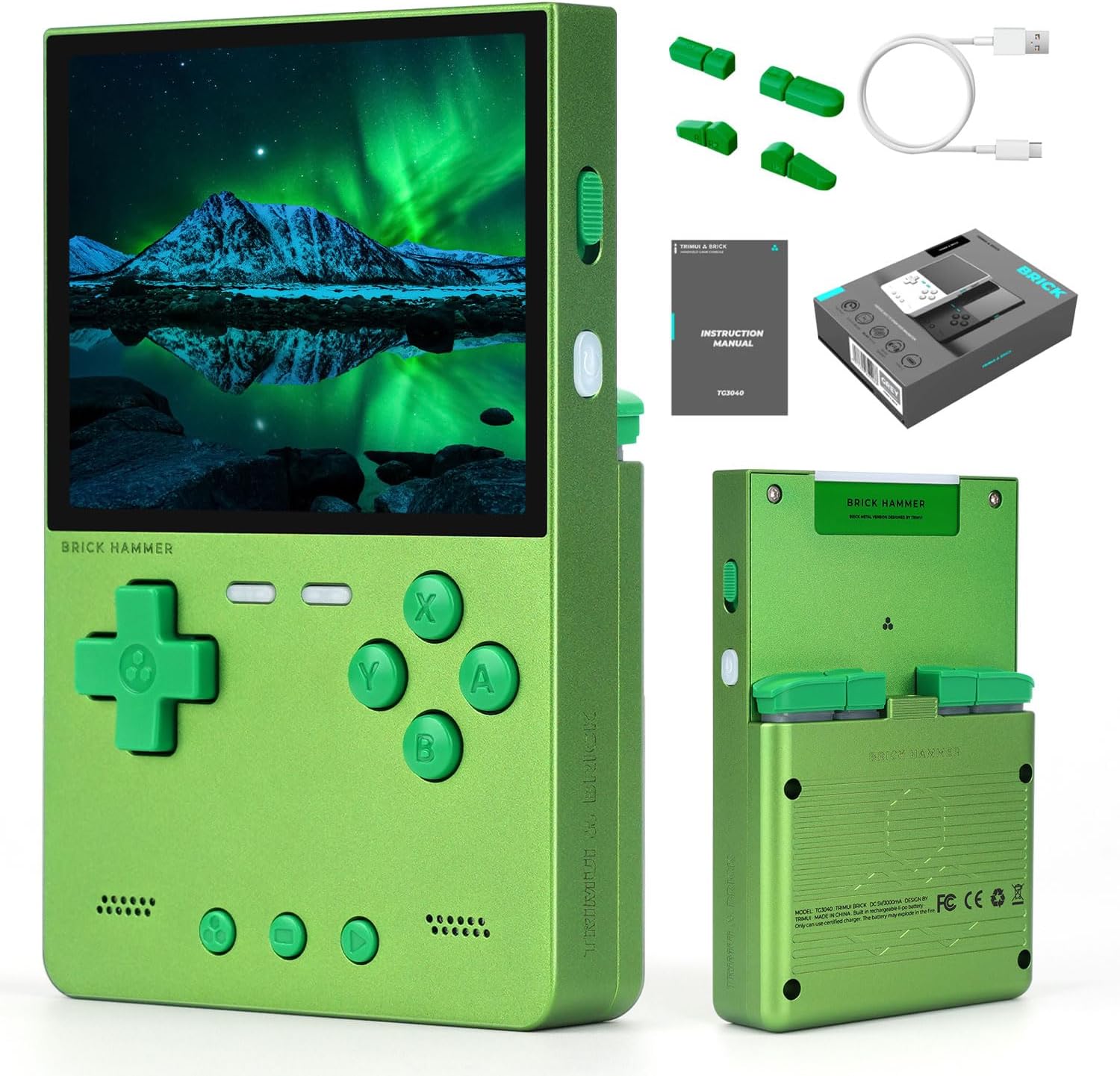 Trimui Brick Hammer Handheld Game Console with 3.2 inch IPS Screen and 3000mAh Battery, Retro Video Games Console with Pre-Installed 64GB TF Card and WiFi Function (Wild Green)