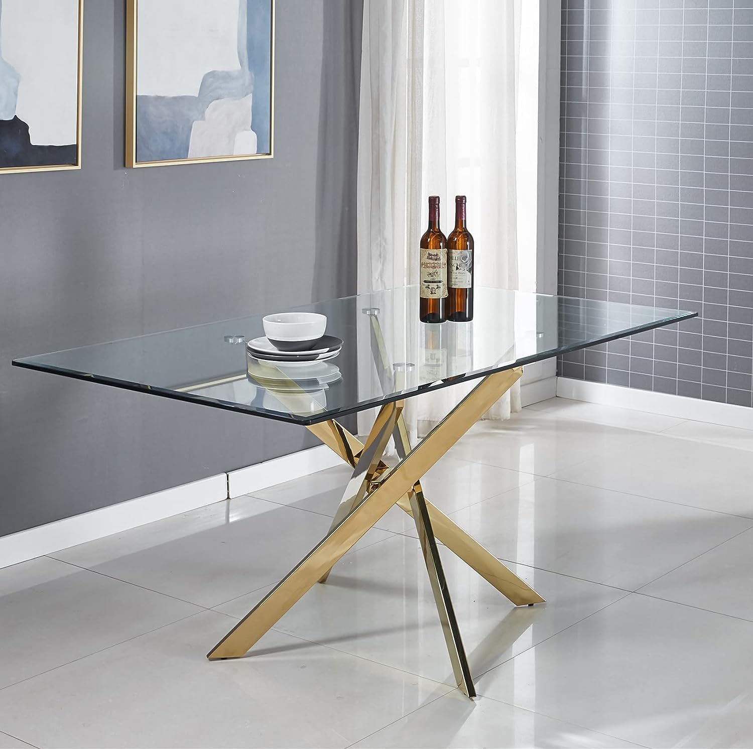 51' Glass Dining Table for 4, Contemporary Rectangular Dining Room Table with Tempered Glass Top & Golden Finish Stainless Steel Legs, Modern Kitchen Table for Home Office