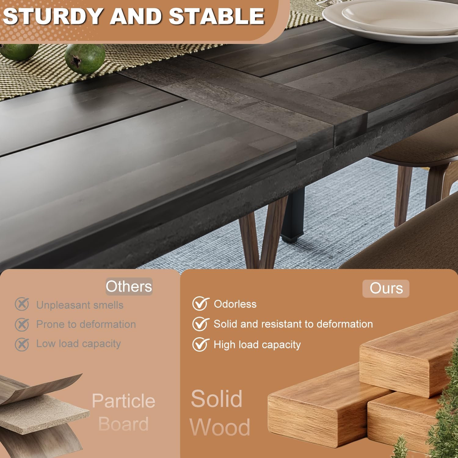 OFIKA Dining Table for 6-8 People, 70' Acacia Wood Rustic Rectangular Dinner Table with Metal Frame, Sandblast Finish, Natural Stained, Indoor Outdoor Kitchen Dining Room Table Large 70x33.2x30 inch