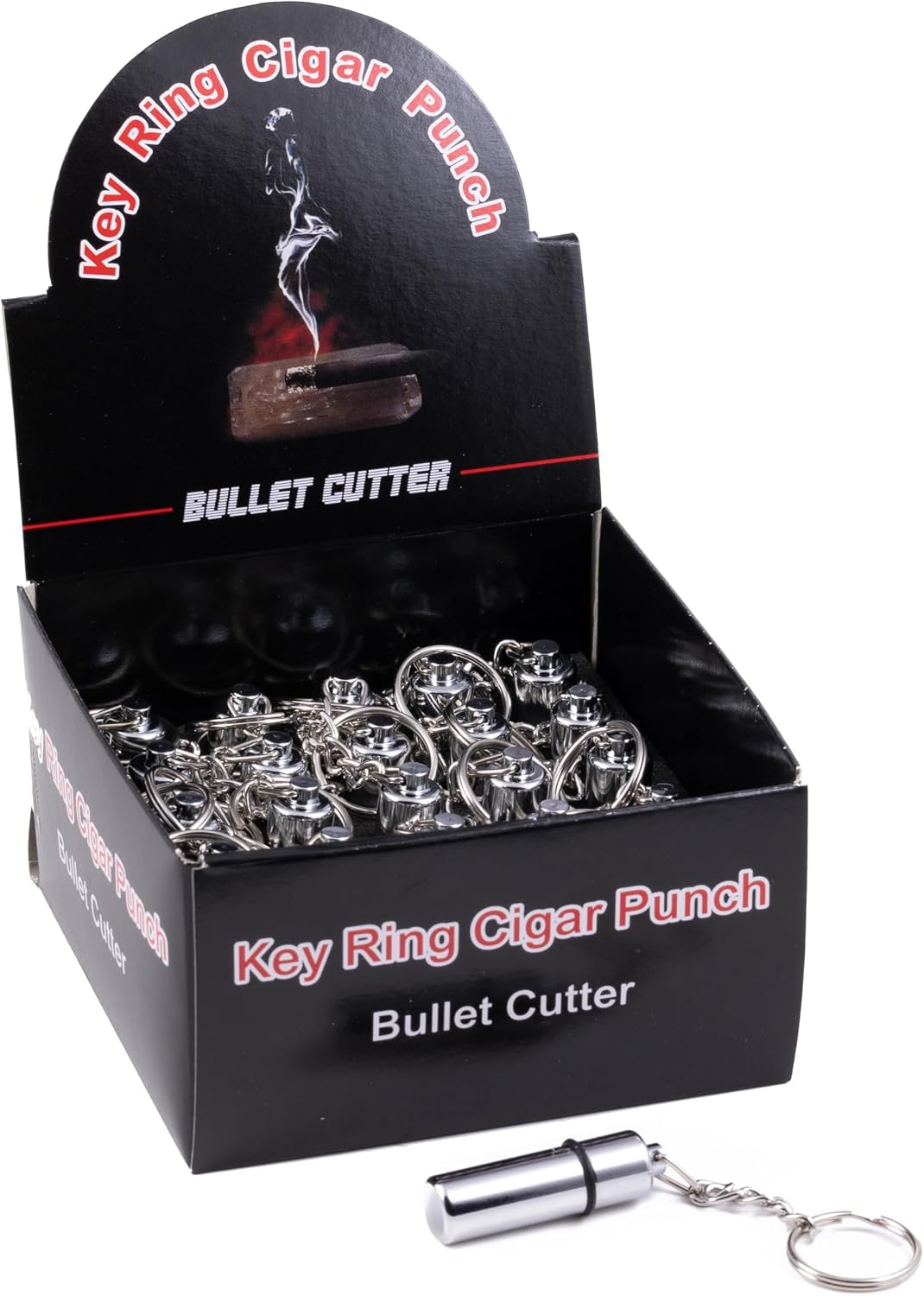 Prestige Import Group - Keyring Bullet Cigar Punch Cutter - 25 Pieces in Display Box - Color: Chrome Silver