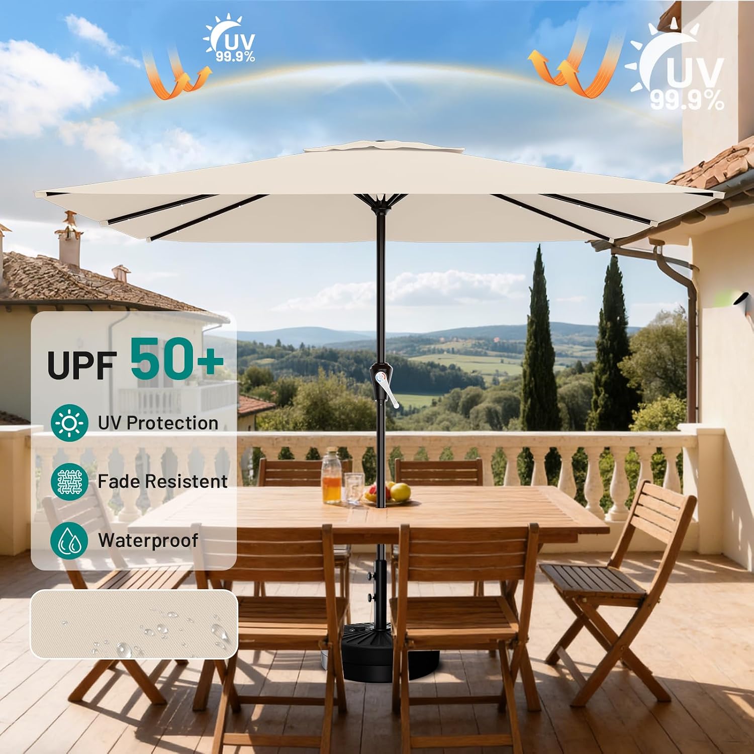 AreShark 8' X 10' Rectangular Patio Umbrella with Solar Lights, Lighted Solar Umbrella with Crank, Outdoor Table Umbrella for Garden, Deck, Backyard, Pool and Beach, Cream-White