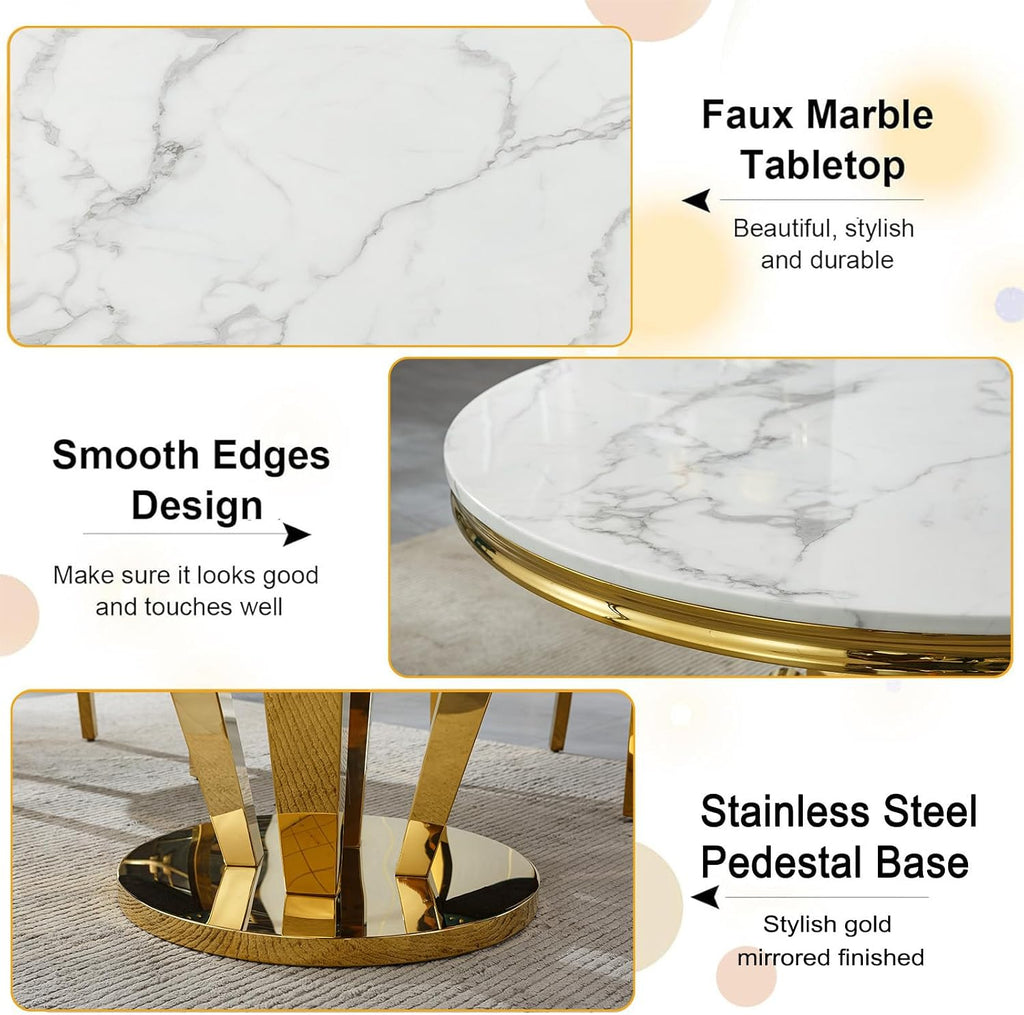 45 in Round Marble Dining Table for 4 to 6, Modern Circular White Faux Marble Kitchen Table with Gold Diamond Stainless Steel Base, Round Kitchen Dining Room Table for Breakfast Dinette Dinner Party