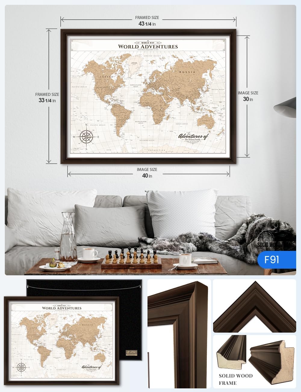 IPIC - Framed Vintage World Map Canvas Wall Art, Personalized Push Pin Travel Map with Name and Message to Track Travels, Oversized Pinnable Wall Decor for Home, Office, Study or RV