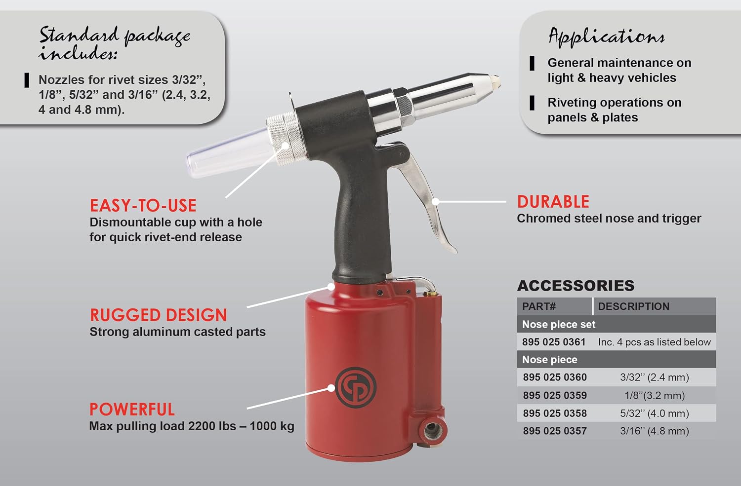 Chicago Pneumatic CP9882 - Air Riveter, Mechanic Tools, Construction, Home Improvement, Air Gun Tool, Blind Rivets, Max Rivet Size 3/16 Inch / 4.8 mm, Pulling Force 2200 lb / 1000 kg