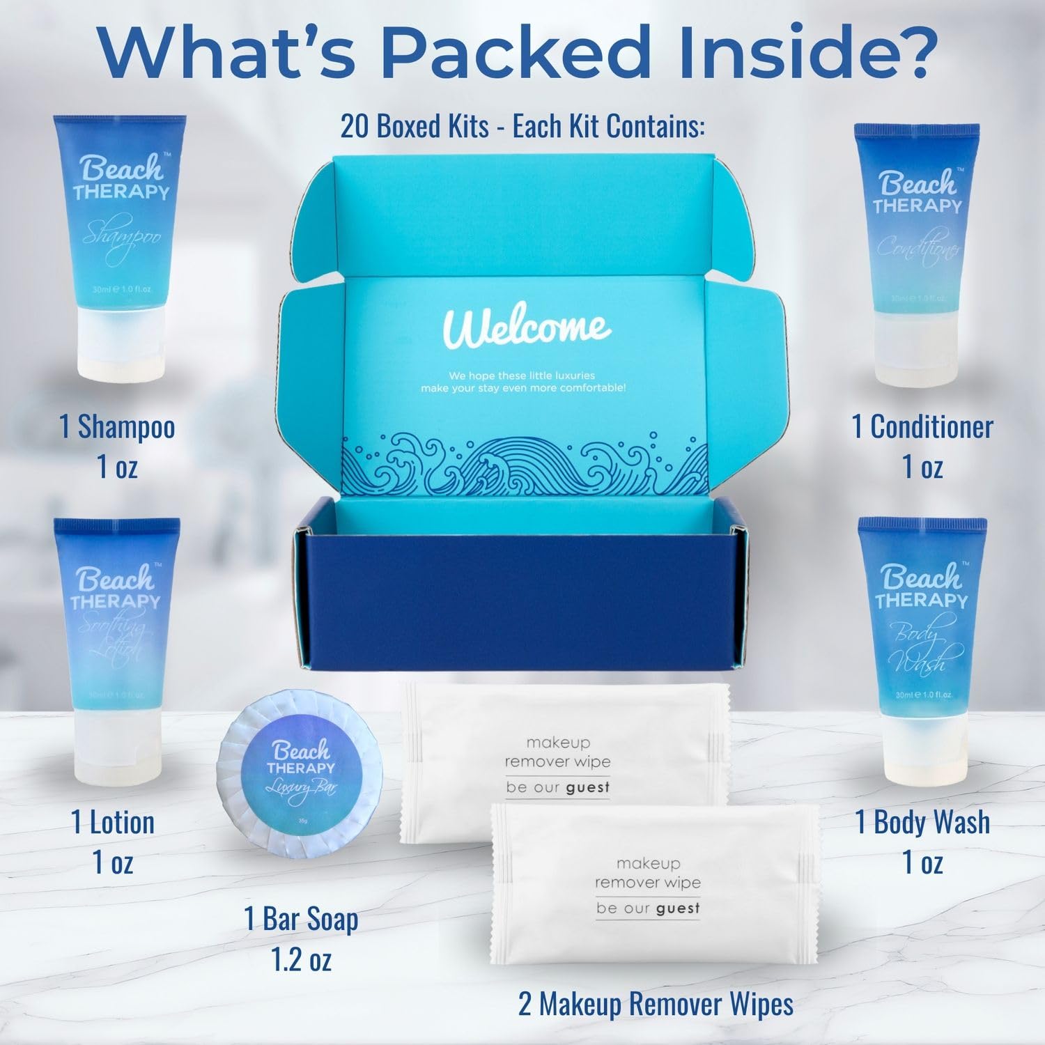 20 Display Ready Boxed Amenity Kits with Premium Hotel Toiletry Essentials - 1 oz Shampoo, Conditioner, Body Wash, Body Lotion, 1.2 oz Guest Soap & 2 Makeup Remover Wipes - Air bnb & Vacation Rentals