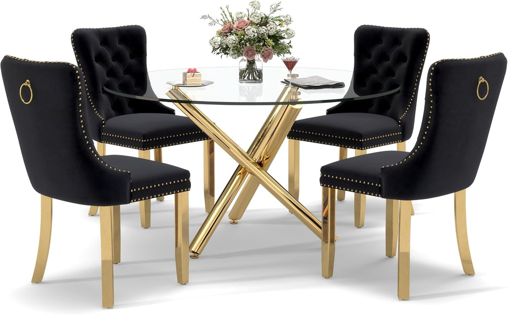 5 Piece Golden Luxury Round Glass Dining Set, Modern Minimalist Circle Kitchen Table Set for 4, 47'' Clear Circular Glass Top Dinner Room Set, Black High-end Tufted Chairs, for Large Place