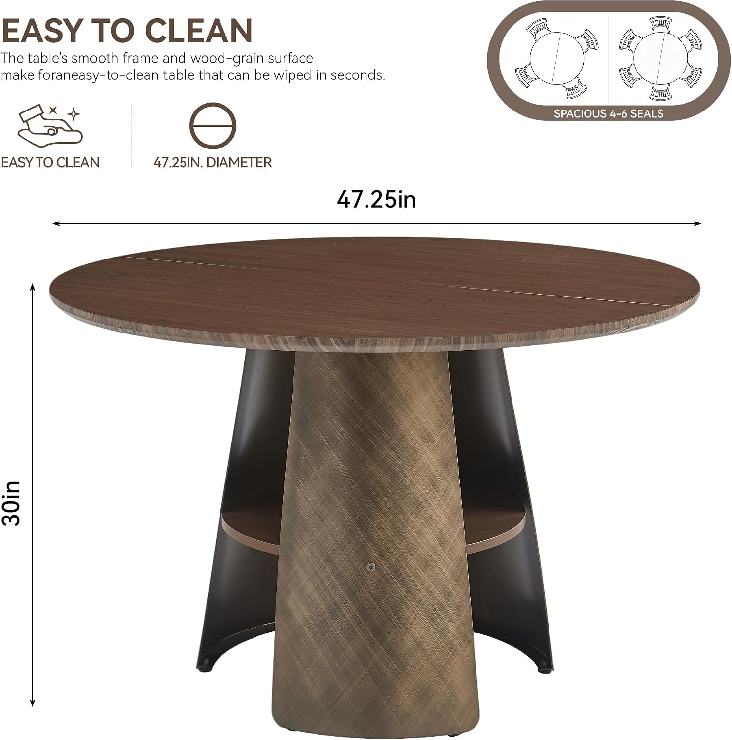 47' Round Dining Table for 4 to 6, Mid Century Modern Dining Table with Brushed Carbon Steel Base & Storage Shelf, Space Saving Kitchen Dining Room Table for Living Room Apartment Small Space, Walnut
