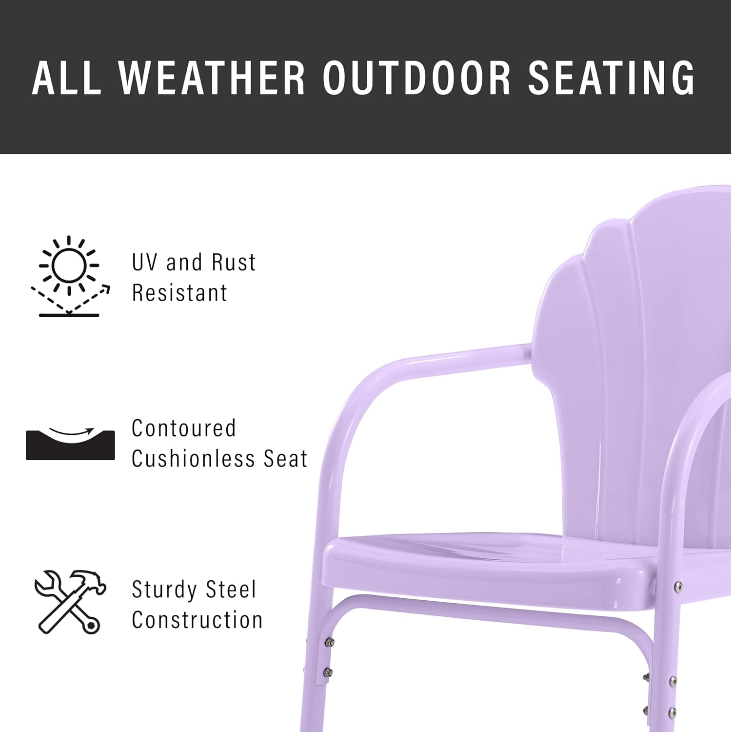 Crosley Furniture Tulip 5-Piece Outdoor Dining Set for 4, Vintage Retro Metal Round Patio Table and Chairs, Lavender Gloss/White Satin