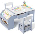 5-in-1 Kids Art Table and Chairs, Wood Toddler Table and Chair Set with Storage Drawers, Craft Play Desk for Kids, Convertible Art Easel with Paper Roll Holder, Children Activity Learning Center-Blue