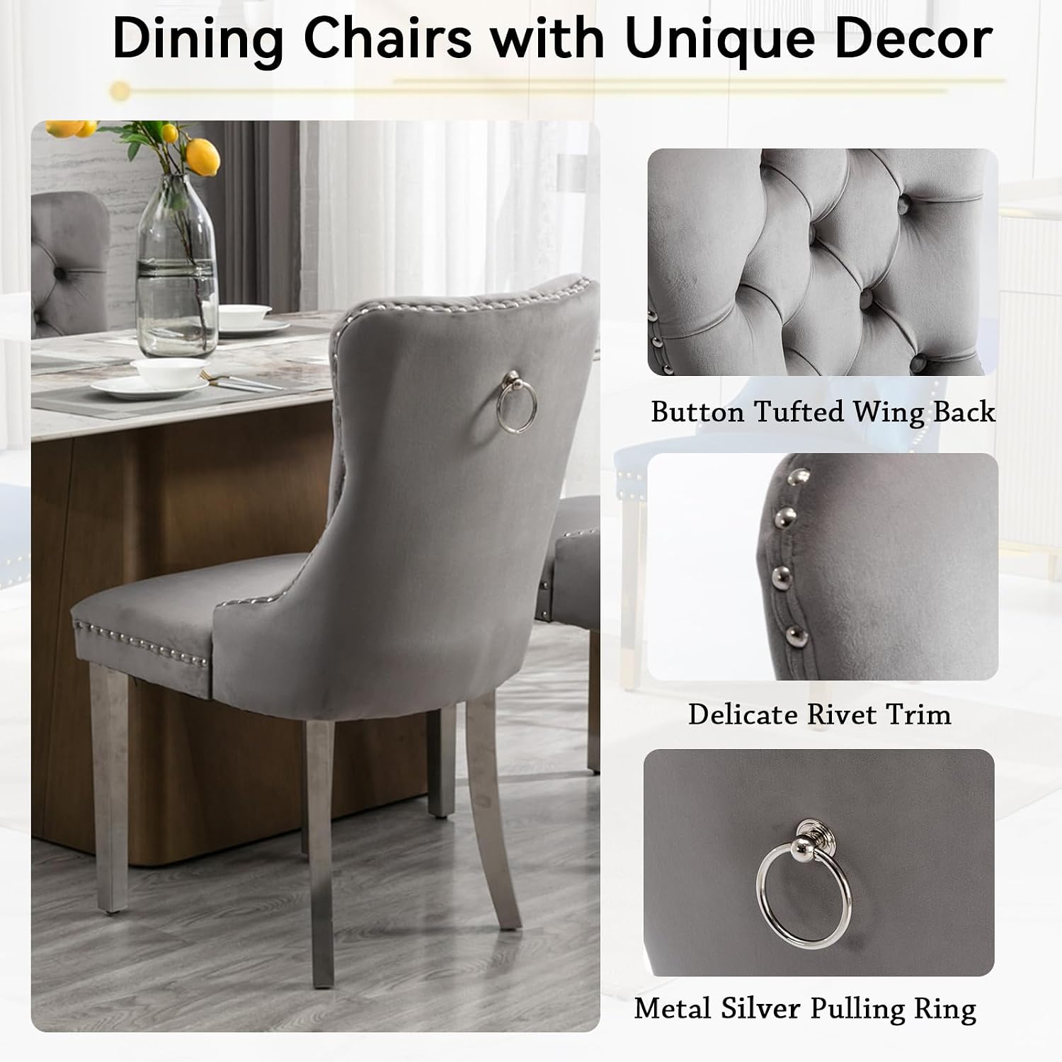 Henf 5 Pieces Faux Marble Dining Table Set for 4, 63'-79' Extendable Dining Room Table and 4 Grey Tufted Chairs Set for 4, Modern Large Expandable Kitchen Table with White Double Columns Base