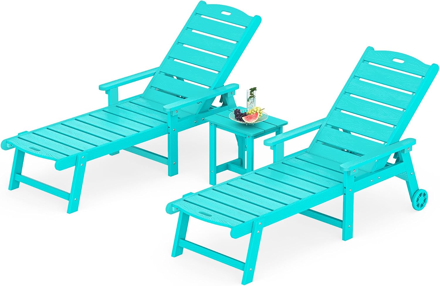 LUE BONA Chaise Lounge Chairs Set with Table, 3-Piece, 79'' Oversized HDPS Chaise Lounger, 5 Positions Adjustable Lounge Chairs, Pool Lounge Chair with Wheels for Poolside, 3 Year Warranty, Aruba Blue