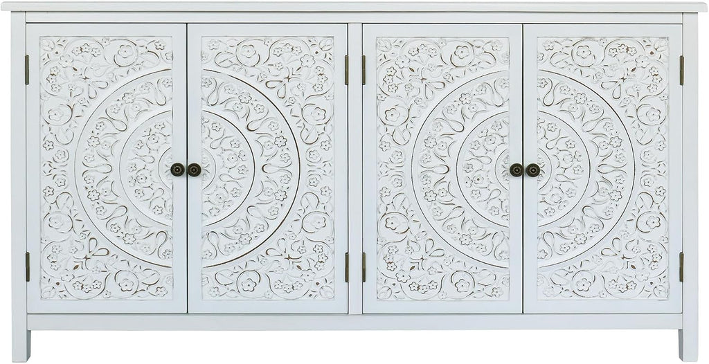 LKTART 60' Vintage Sideboard Buffet Cabinet with 4 Carved Doors, Accent Credenza Storage,Media Console Cabinet, for Entryway,Living&Dining Room, Antique White
