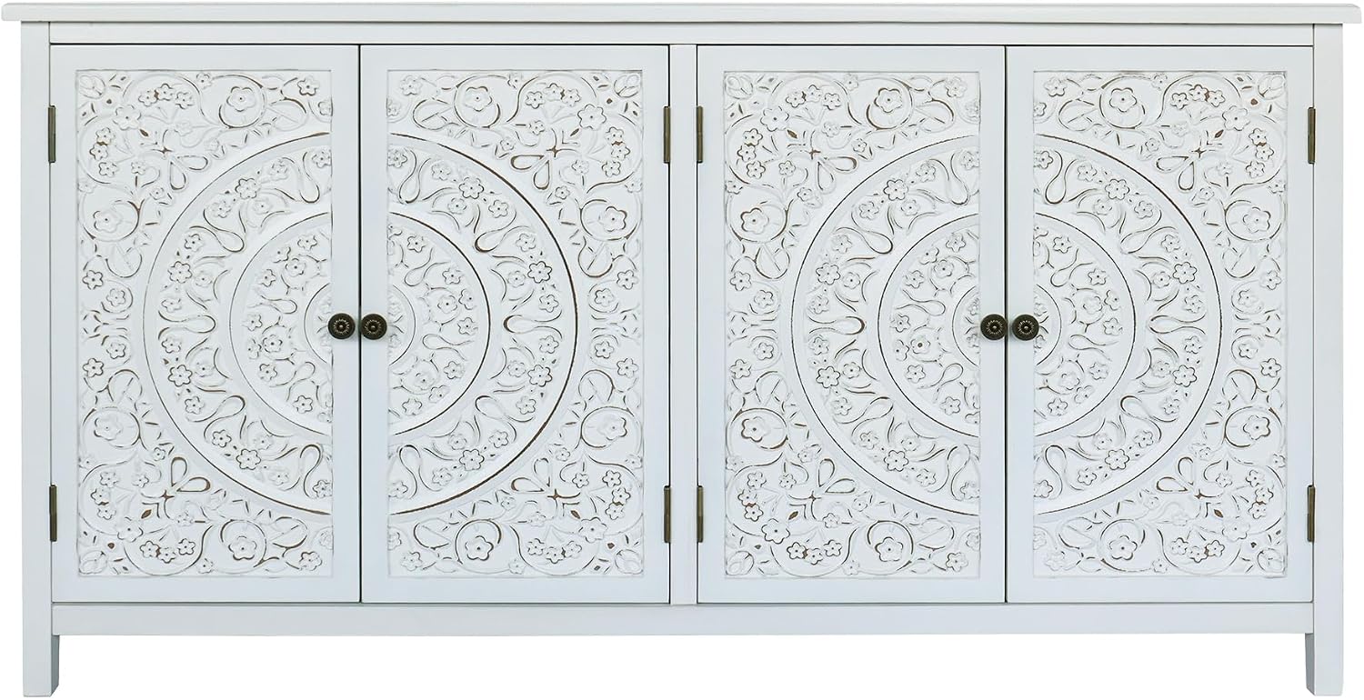LKTART 60' Vintage Sideboard Buffet Cabinet with 4 Carved Doors, Accent Credenza Storage,Media Console Cabinet, for Entryway,Living&Dining Room, Antique White