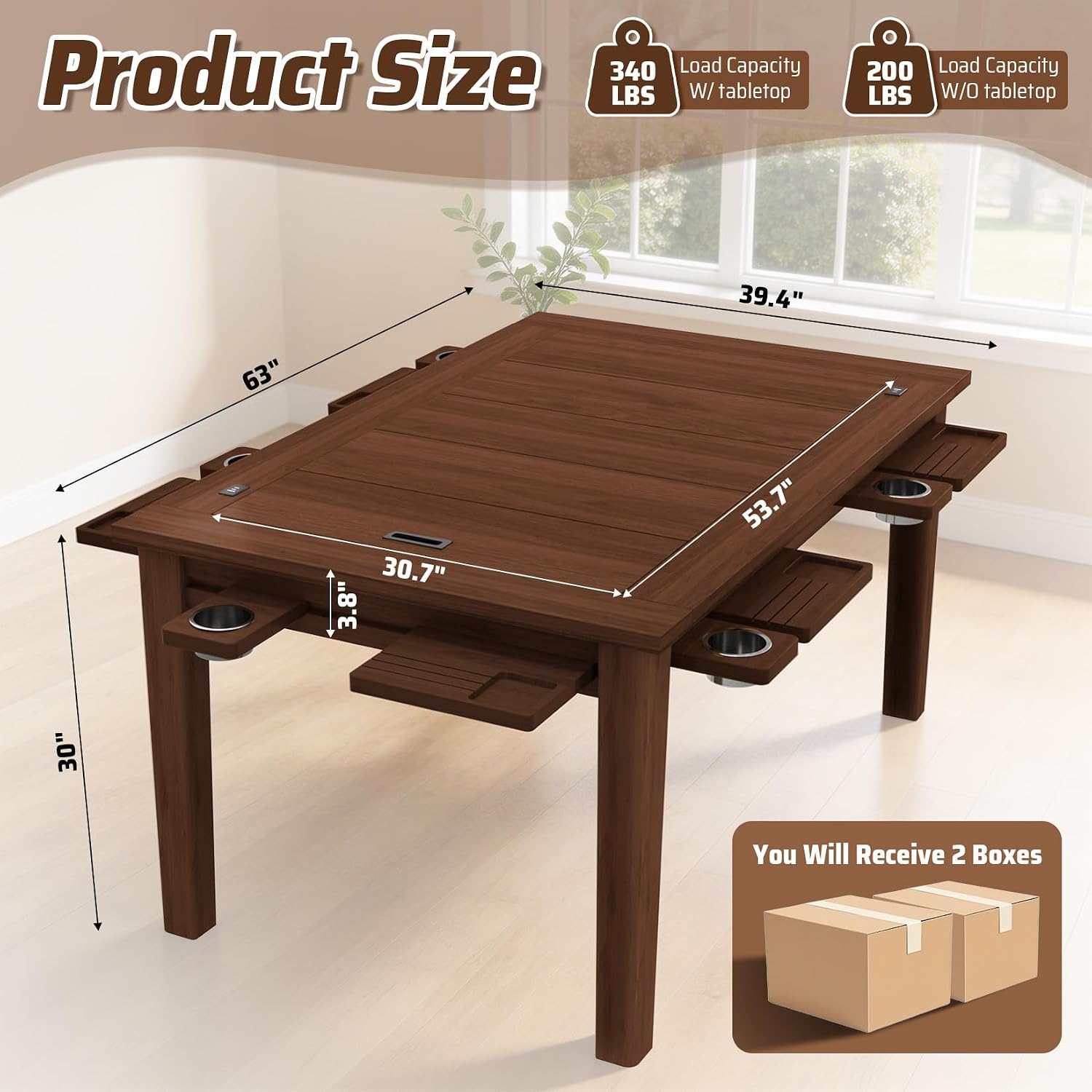 Haddockway Board Game Table with Adjustable Led Lights, 53.7in x 30.7in Play Area Removable Table Top Dining/Gaming Table with Charge Station, Play Mat, 6 Cup Holders & Trays (Black Walnut)
