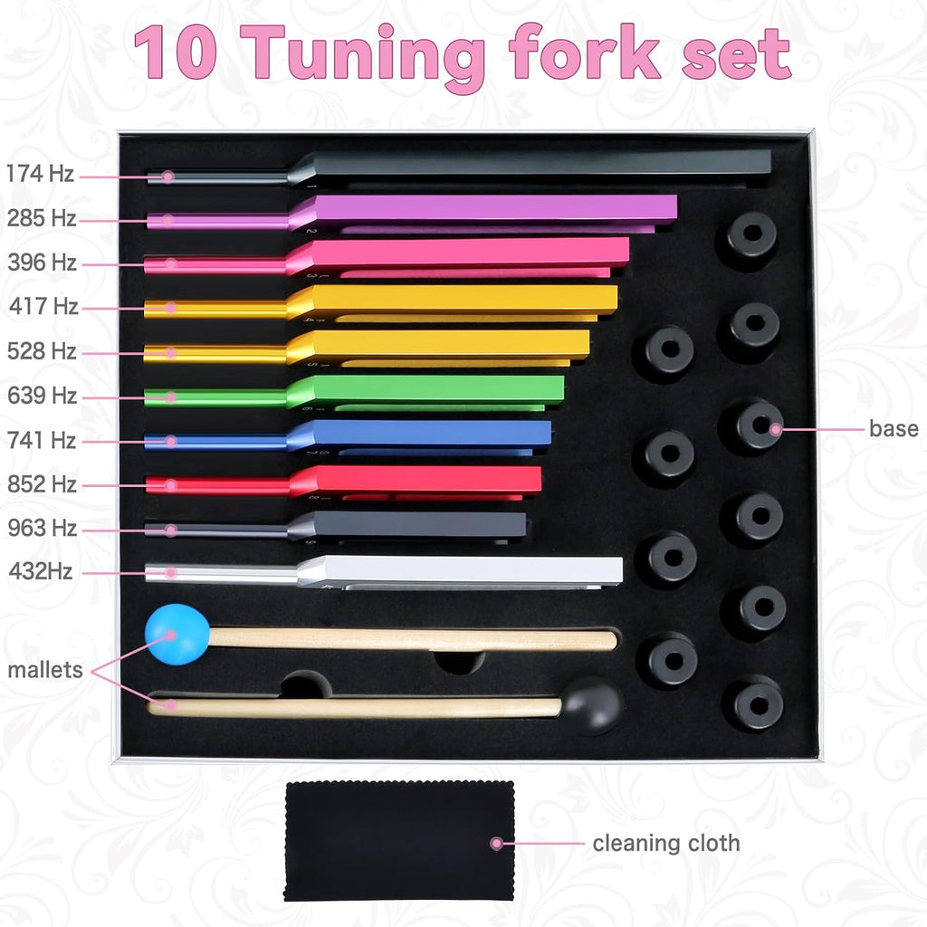 EASTROCK 10 Color Tuning Fork Set Chakra Tuning Fork Set Aluminum Alloy Material Sound Healing Instruments Kit with Mallets and Bases Chakra DNA Healing Therapy Meditation