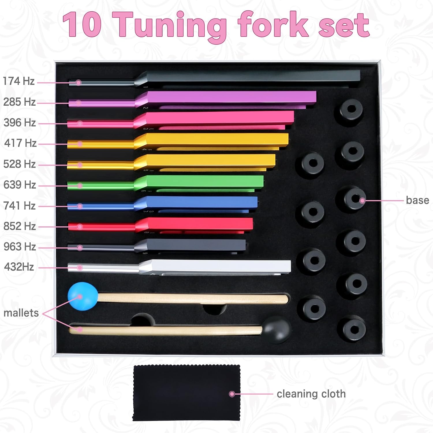 EASTROCK 10 Color Tuning Fork Set Chakra Tuning Fork Set Aluminum Alloy Material Sound Healing Instruments Kit with Mallets and Bases Chakra DNA Healing Therapy Meditation