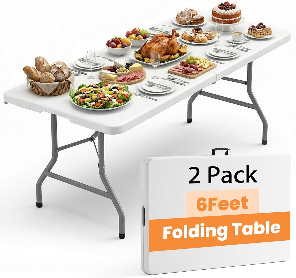 2-Pack 6 Foot Folding Table | Heavy Duty Plastic Utility Table with Carrying Handle for Event Rental & Wedding Party (White) (White, 6FT-Set of 2)