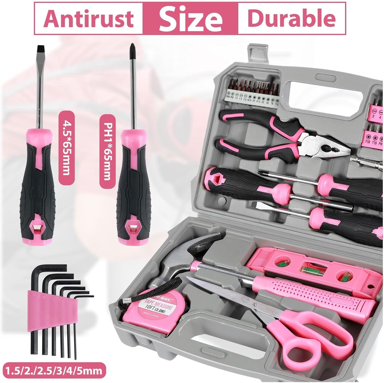 37/13Pcs Household Repair Tool Kit Multipurpose Home Hand Tool Set with Storage Case Pink Hammer Screwdriver Set Measuring Tool (Color : 37PCS as show)