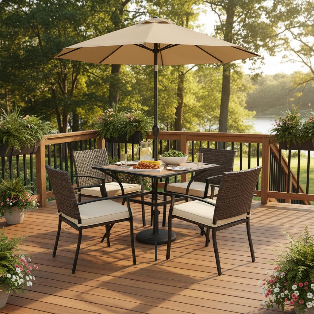 Tangkula Metal Square Patio Dining Table for 4, Heavy Duty Bistro Table with Adjustable Umbrella Hole & Wooden-Like Waterproof Tabletop, Outdoor Dinner Table for for Backyard, Deck, Lawn, Poolside