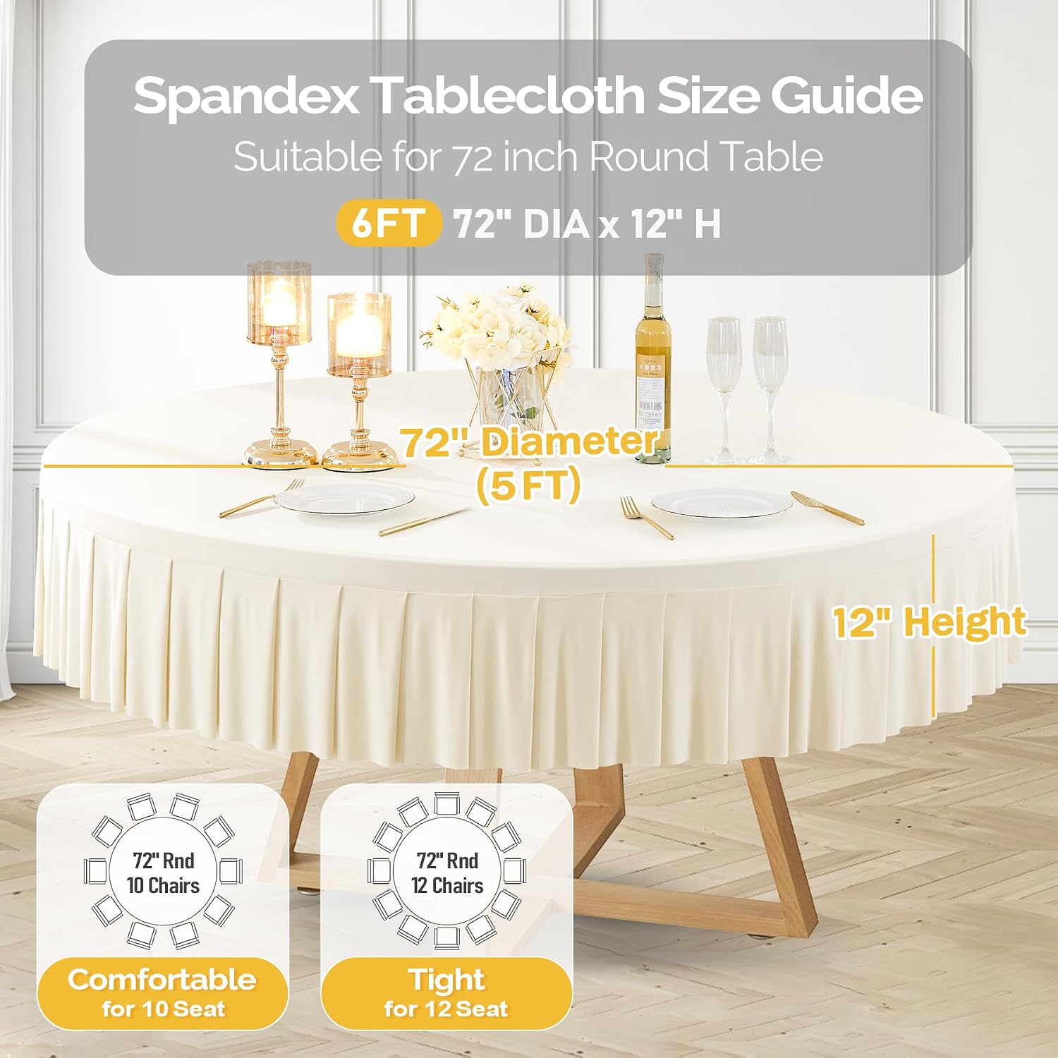 6 Pack Ivory Spandex Round Tablecloths for 72in Table, Stretchy Fitted 6FT Round Table Cloths, Wrinkle Free Table Cover with Skirt for Wedding Birthday Party Bridal Shower Banquet