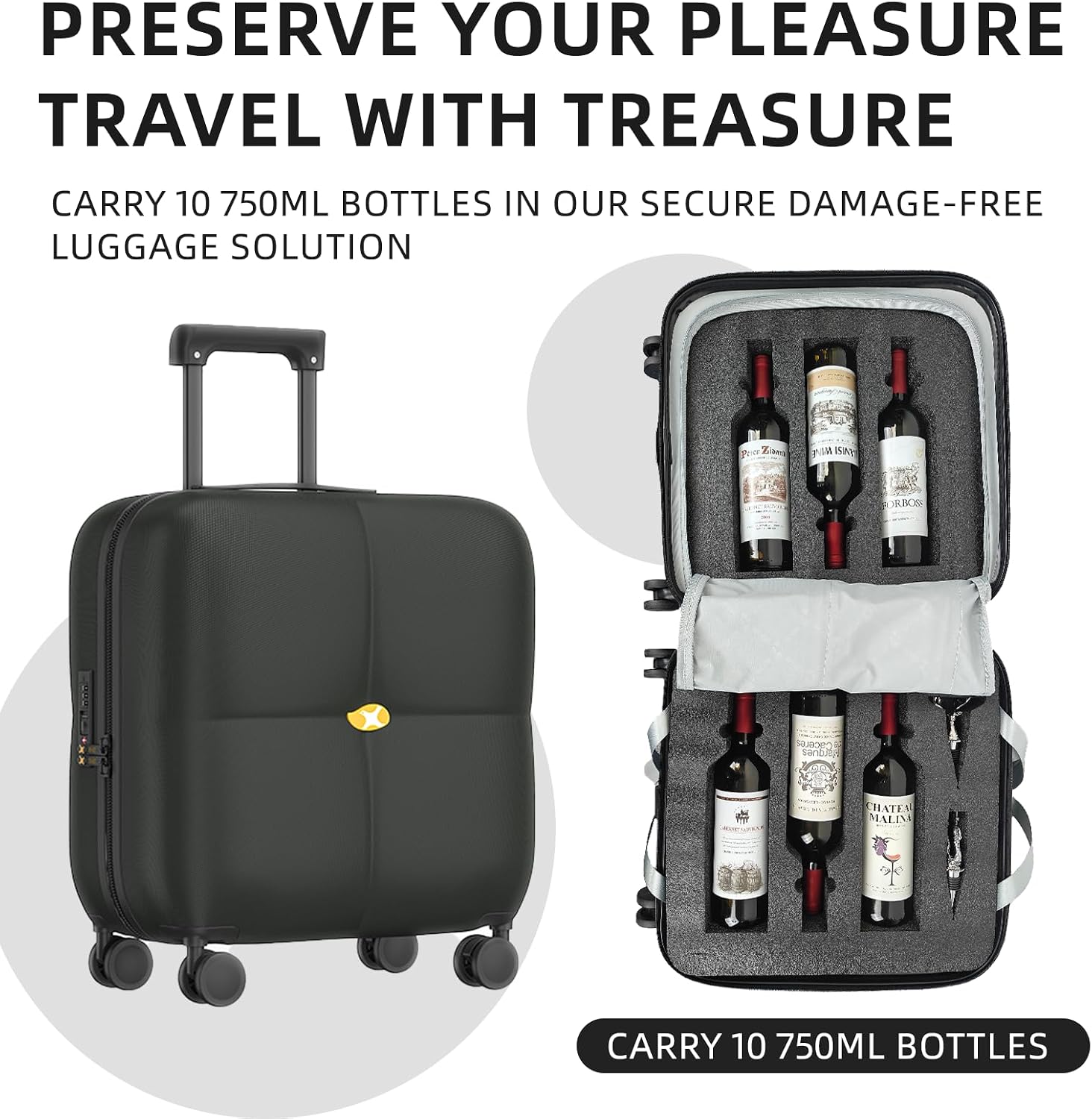 Wine Suitcase - 6 Bottle Travel Case with TSA Lock, Removable Inserts and Silent Spinner Wheels