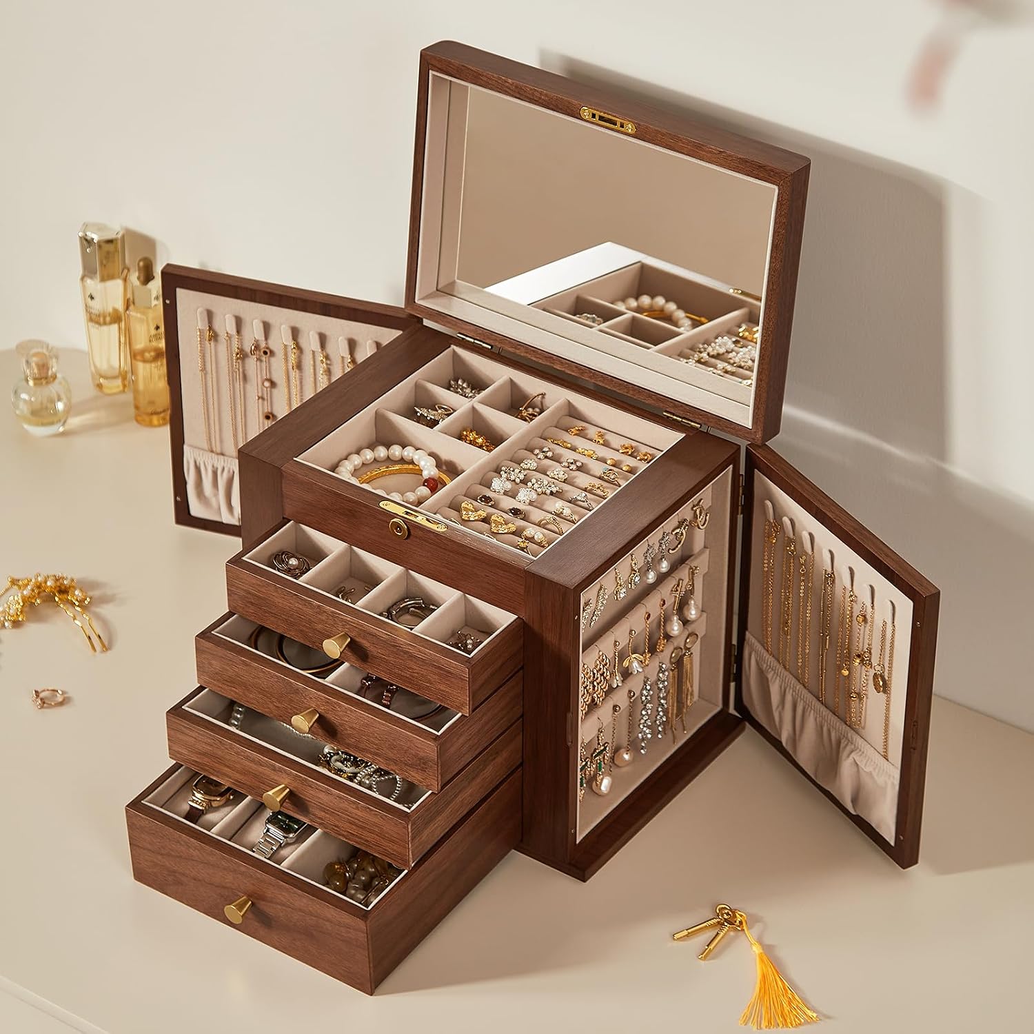 Black Walnut Wooden Jewelry Box, Wood Jewelry Organizer with 2 Side Doors Mirror Lockable Classical Style for Watch Necklace Ring Earring Storage Mothers Day Gifts for Mom-5 Layer