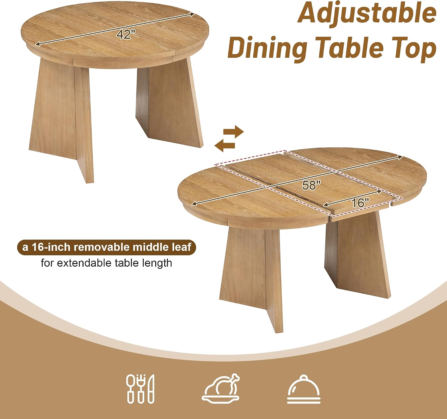 Merax Extendable Round Dining Table Set for 4, Wooden Construction with Upholstered Chairs with Rattan Backrests, Retro Style for Kitchen, Indoor Use, Natural