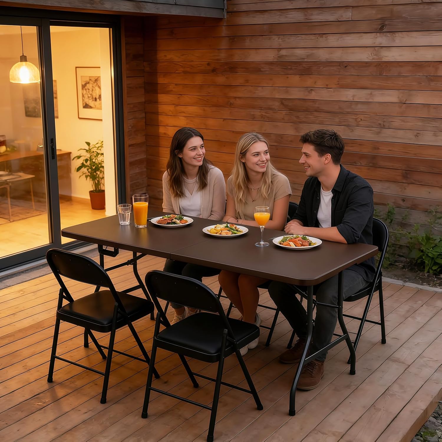 6FT Folding Table, Heavy Duty Plastic Fold-in-Half Utility Table with Handle, Portable Camping Picnic Table with Steel Legs for Indoor Outdoor Party, Dining, Brown,2 Pack
