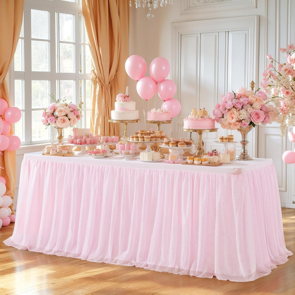 Wish Care 6 Pack Pink Tulle Tablecloth for 6 Foot Rectangle Tables Ruffle Stretch Fitted Table Cloths Wrinkle Free Table Cover with Tutu Skirt for Party Wedding Girls Birthday Baby Bridal Shower Cake