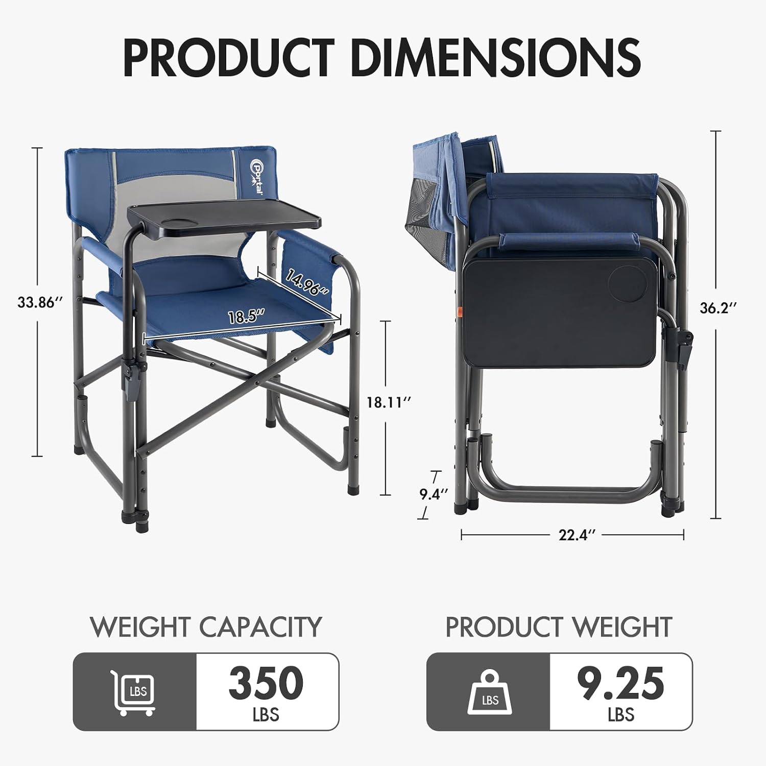 Portal Folding Director Chair with 2-Way Rotating Side Table, Heavy Duty 300 lb Camping Chair with Swivel Tray & Cup Holder, Ergonomic Mesh Back Portable Outdoor Seat for RV, Tailgating & Lawn, Blue
