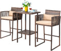 VINGLI 3 PCS Patio Bar Set Wicker, Outdoor Bar Table and Bar Stools with Storage Shelf and Cushions, Bar Height Outdoor Table and Chairs Wicker Furniture