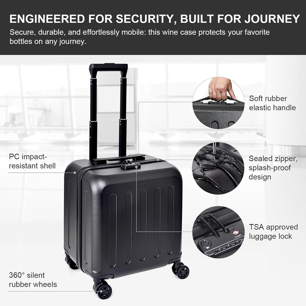 Wine suitcase for airplanes 6 bottle, TSA-Approved Carry-On Sized Wine Luggage, Durable Hard Shell with Shockproof Foam - Compact & Lightweight Travel Case for Secure Airline Travel