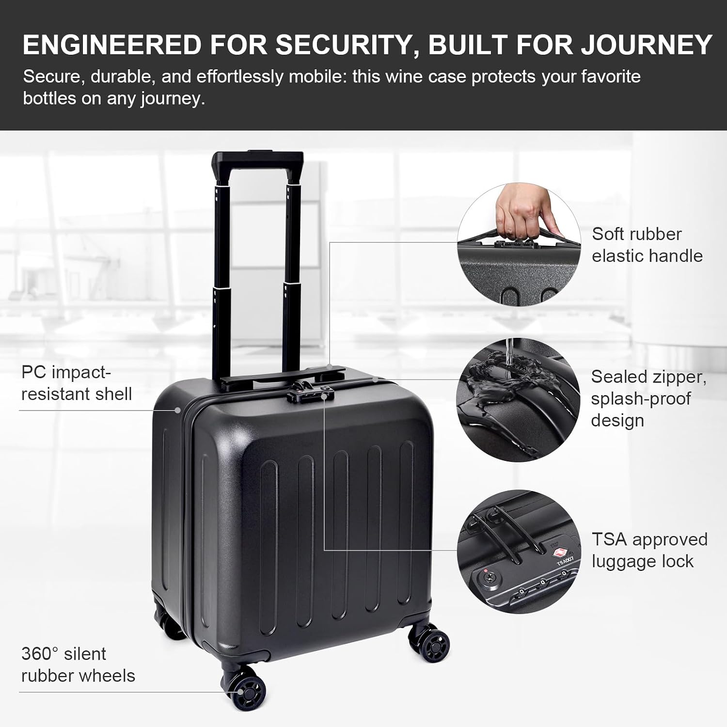 Wine suitcase for airplanes 6 bottle, TSA-Approved Carry-On Sized Wine Luggage, Durable Hard Shell with Shockproof Foam - Compact & Lightweight Travel Case for Secure Airline Travel