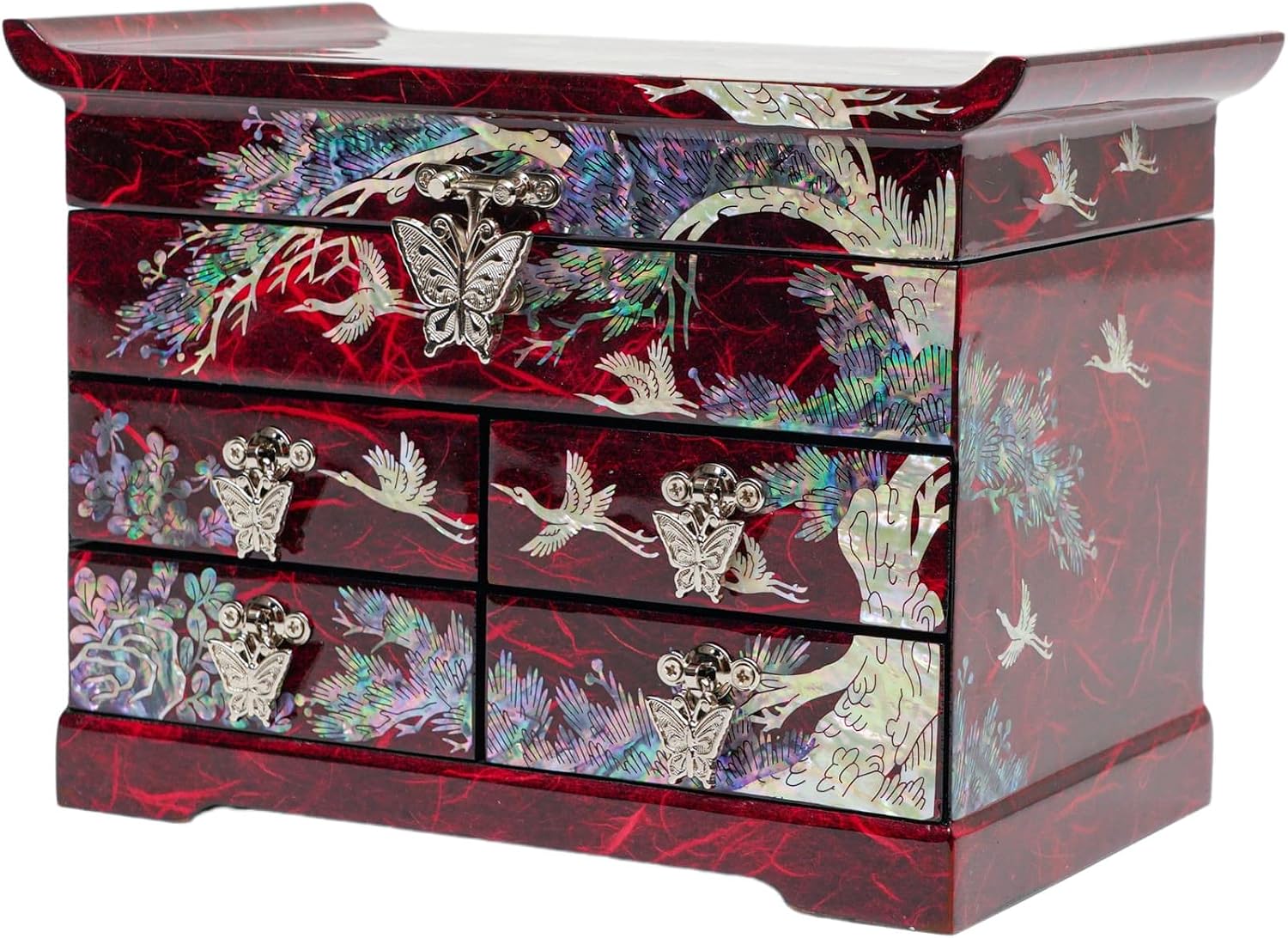 February Mountain Mother of Pearl Wooden Jewelry Organizer Box – Jewelry Storage Box for Women, Features Spacious Drawers, Ideal for Rings, Bracelets, Watches, Chains, Accessories (Crane_Red)