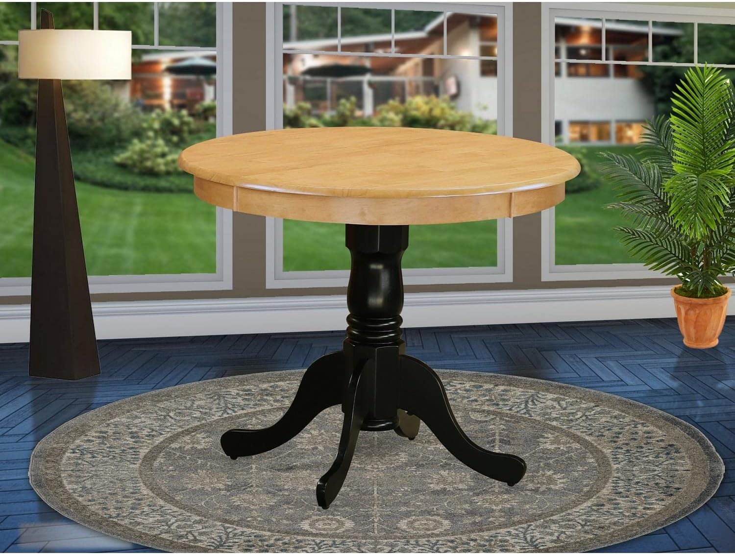 East West Furniture ANT-OBK-TP Antique Modern Dining Table - a Round Kitchen Table Top with Pedestal Base, 36x36 Inch, Oak & Black