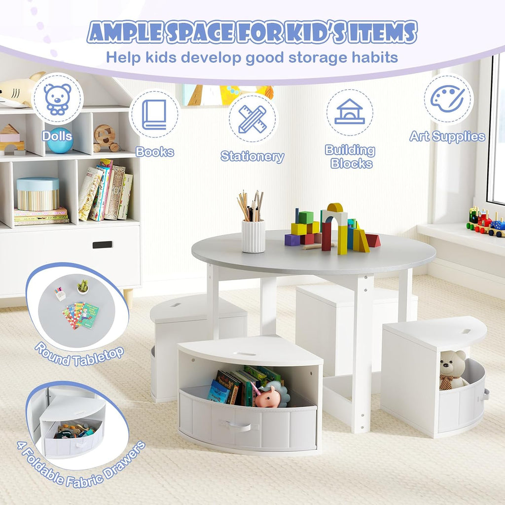 HONEY JOY Kids Table and Chair Set, Children Activity Play Table with 4 Storage Stools for Art Craft, Nesting Design Toddler Table and Chair Set for Playroom, Daycare, Gift for Boys Girls (Grey)