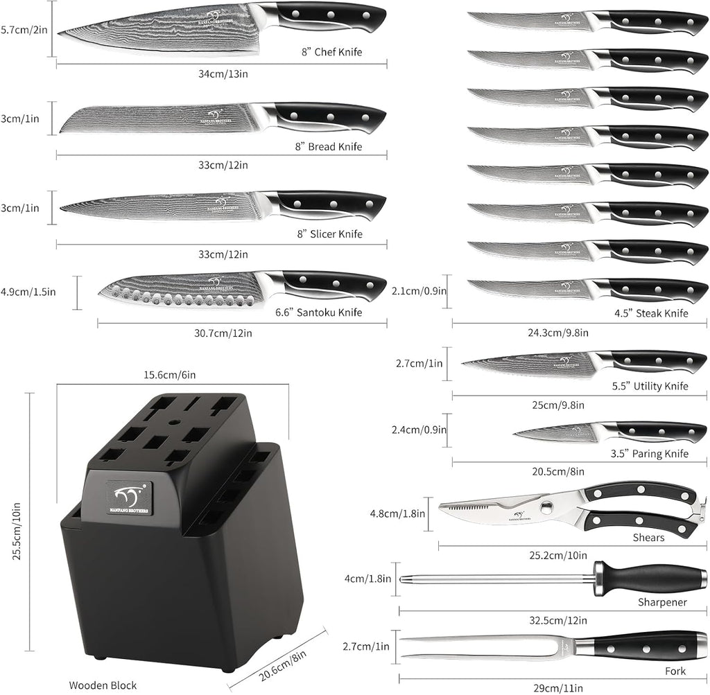 18 Pieces Damascus Kitchen Knife Set, 8 Piece Steak Knives, Non-slip ABS Ergonomic Triple Rivet Handle for Meat Fork, Knife Sharpener and Shears, 17 Slots Wooden Knife Block