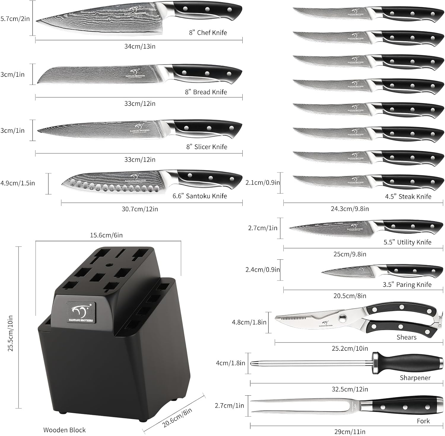 18 Pieces Damascus Kitchen Knife Set, 8 Piece Steak Knives, Non-slip ABS Ergonomic Triple Rivet Handle for Meat Fork, Knife Sharpener and Shears, 17 Slots Wooden Knife Block