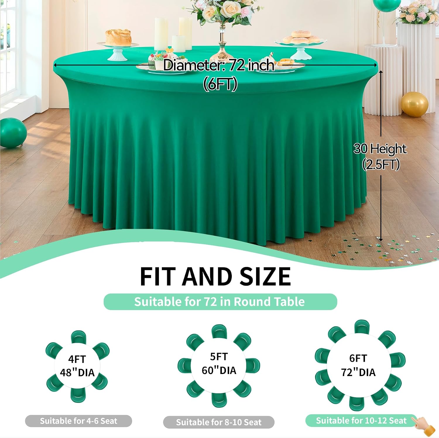 Outpain 6 Pack Emerald Spandex Round Tablecloths for 72 inch Table, Stretchy 132inch Fitted 6FT Round Table Cloths, Wrinkle Free Table Cover with Skirt for Wedding Party Dining Banquet