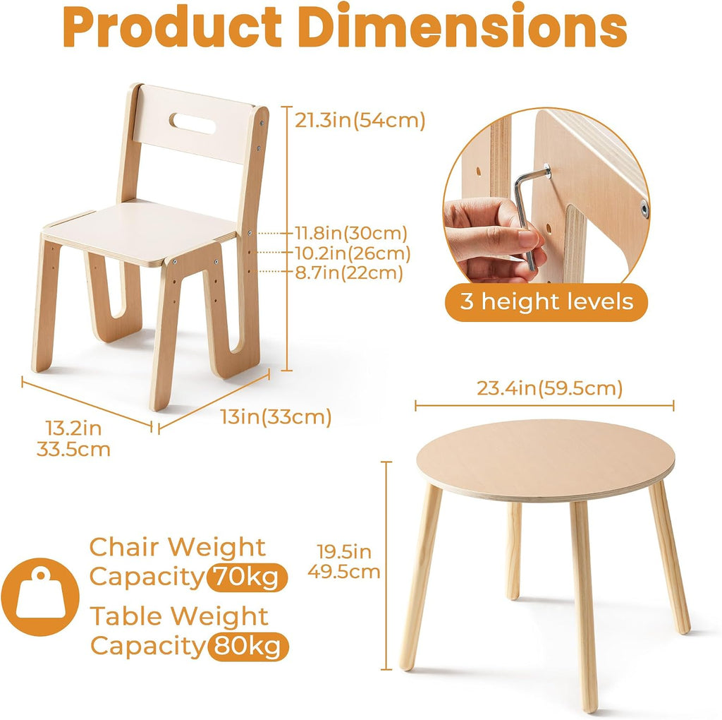 ROBOTIME Wooden Kids Table and Chairs, Adjustable Height Toddler Table and Chair Set, Round Kids Desk and Chair Set for Ages 3+, Sturdy Design, Easy to Clean, Perfect for Study, Playroom & Mealtime