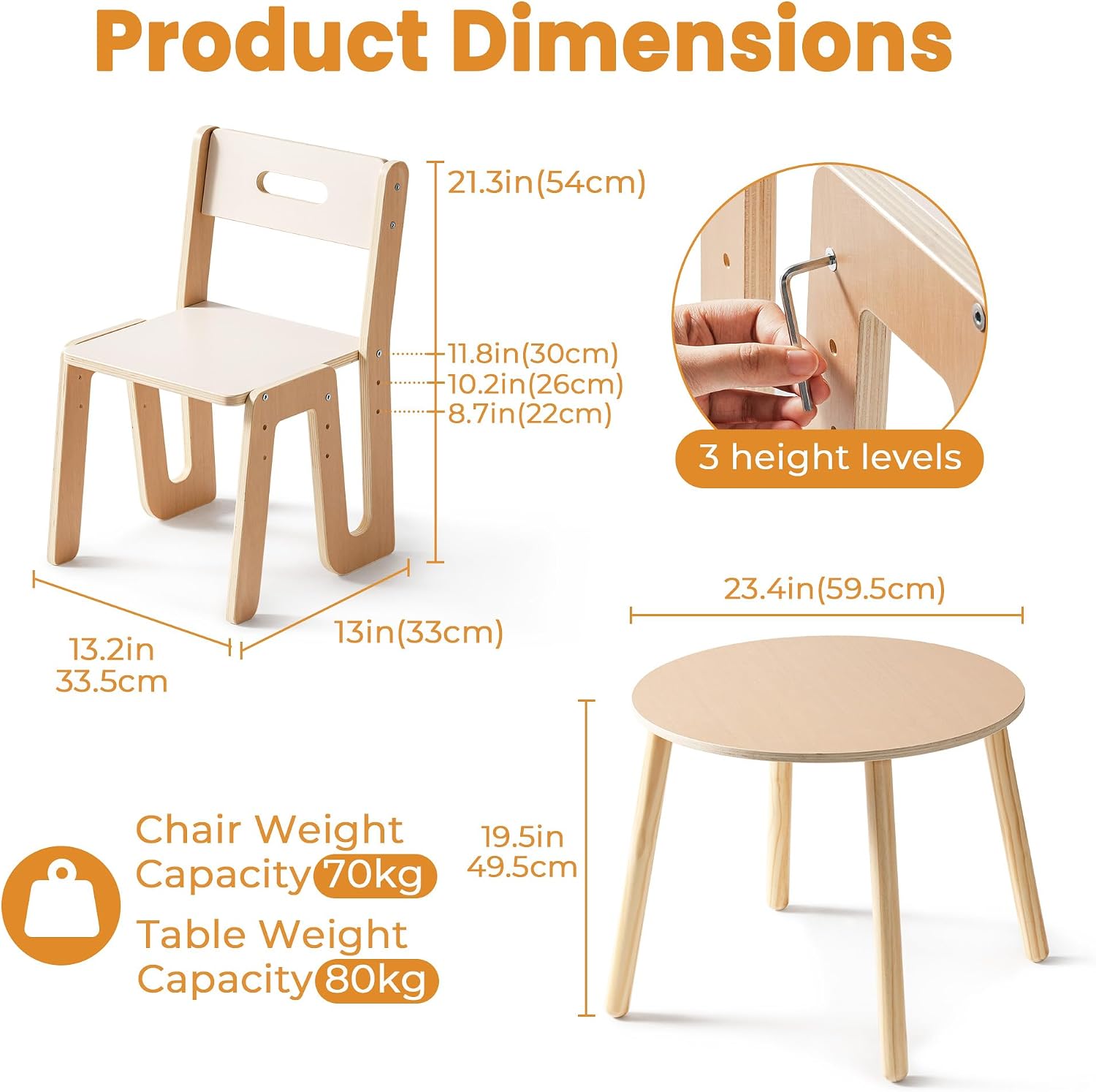 ROBOTIME Wooden Kids Table and Chairs, Adjustable Height Toddler Table and Chair Set, Round Kids Desk and Chair Set for Ages 3+, Sturdy Design, Easy to Clean, Perfect for Study, Playroom & Mealtime