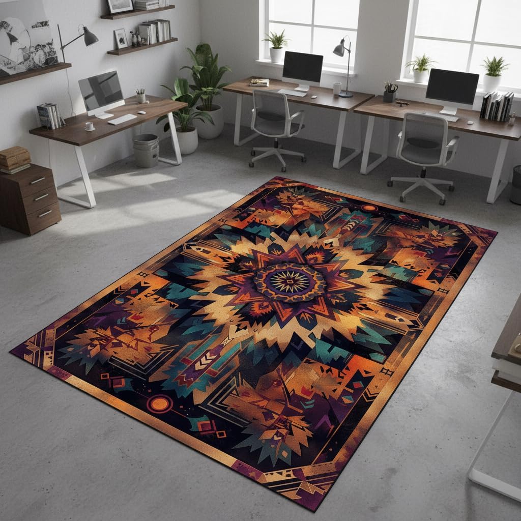 Southwestern Aztec Area Rug 6'x9' – Tribal Geometric Pattern Carpet for Living Room, Rustic Washable Boho Accent Decor, Native Inspired Non-Slip Floor Mat for Bedroom, Living Room, Cabin Lodge