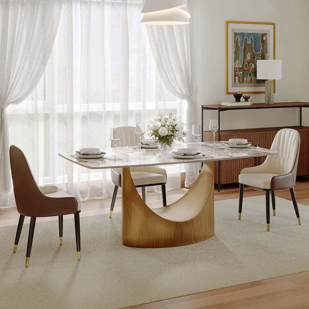 POVISON 63' Hobart Dining Table for 4, Rectangular Dining Table, Glossy Pandora Sintered Stone Tabletop with Bronze Carbon Steel Base for Dining Room (Table Only)