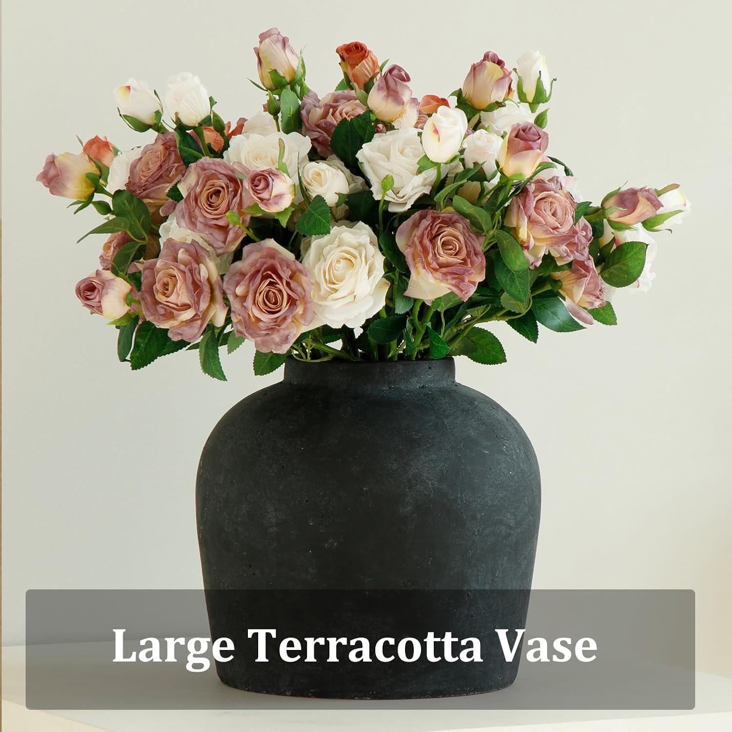 Large Ceramic Vase, 11' Rustic Farmhouse Terracotta Vase for Home Decor, Artisan Decorative Flower Vase for Living Room, Table Centerpiece, Bedroom (Rustic Black)