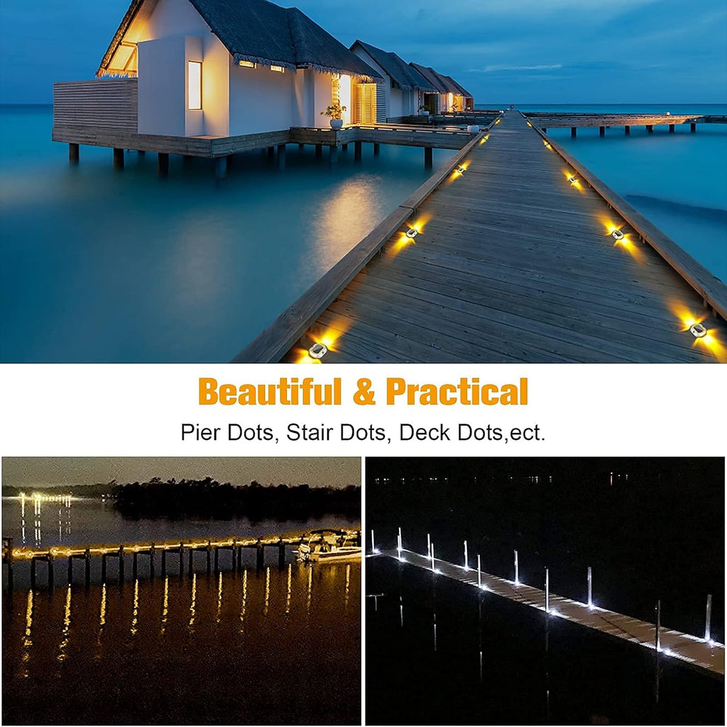 VOLISUN 16 Pack Solar Driveway Dock Deck Lights,(12 Pack White Hexagon Deck Lights+4pack 2 Colors in 1 Dock Lights（White+Warm White)