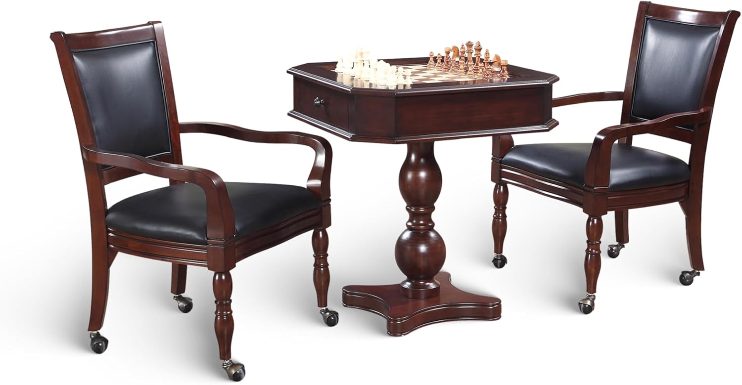 Hathaway Fortress 3 in 1 Chess, Checkers & Backgammon Pedestal Game Table and Chairs Set – Multipurpose Chess Table Furniture w/ Reversible Tabletop, Storage Drawers & Complete Accessories - Mahogany