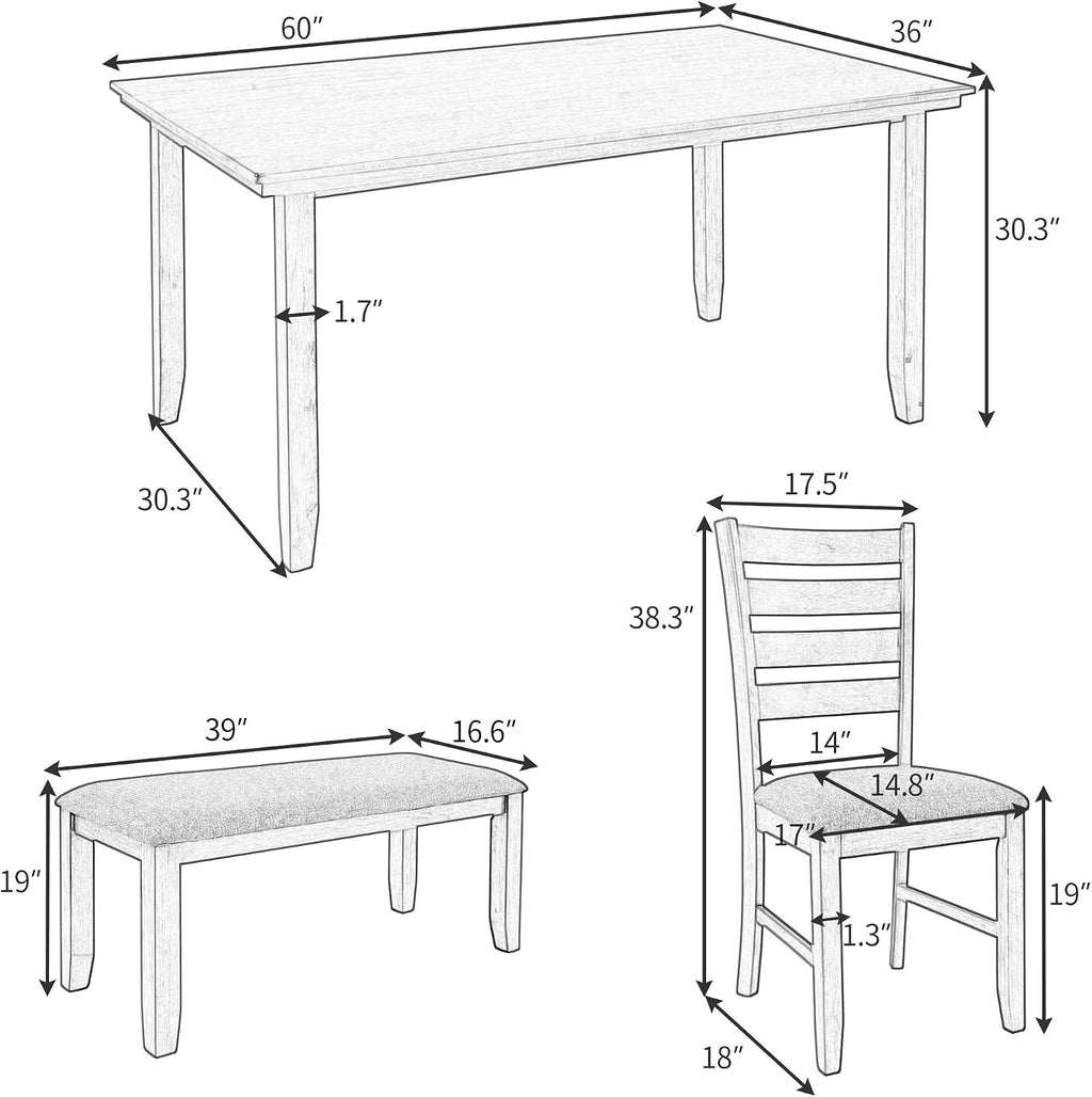 Dining Room Table and Chairs with Bench, Rustic Wood Dining Set, Set of 6 (Gray)